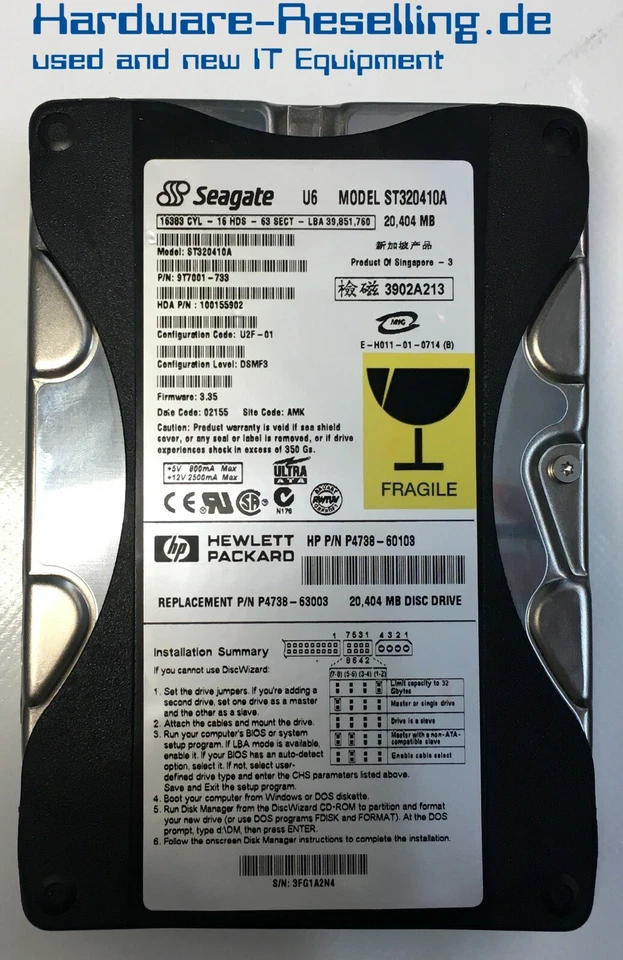 Seagate 20GB 5,4K IDE 2MB ST320410A 9T7001-733 P4738-60103 3,5" HDD - Immagine 1 di 1