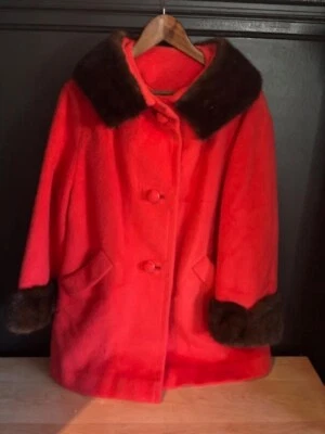 Vintage 1960s Red Wool Coat with Mink Collar & Cuffs – Silk Liner – Forstmann - Image 1 of 4