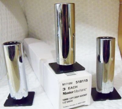 SET OF 3 MASTER MECHANIC 19MM 12 POINT DEEP SOCKET 1/2" DRIVE M1719M PART 19 - Image 1 of 2