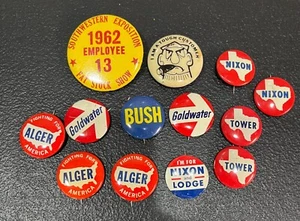 Vintage Political Button Lot + 2 novelty pins: Goldwater,Tower,Nixon,Bush - Imagen 1 de 3