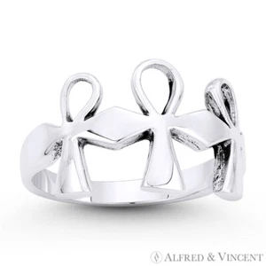 Triple Ankh Cross Egyptian Key-of-Life Crux Ansata Ring en plata de ley .925 - Imagen 1 de 1
