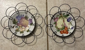 2 Vintage Porcelain Wall Plates With Decorative Metal Hangers-Hand Painted - Picture 1 of 18