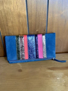 Stella & Dot Clutch Tasche bunt metallic gestreift dunkelblau Fold Over - Bild 1 von 9