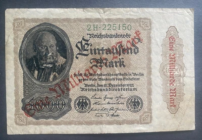 1 000 000 000 Marks 1923 Overprint on 1000 Mark P-82 Circulated - 100 Years Old - Image 1 of 2