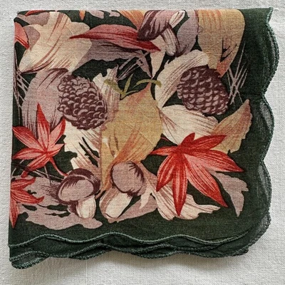 VTG Handkerchief Brown Autumn Leaves Pine Cones Maple Fall Green Cotton Hanky 17 - Image 1 of 3