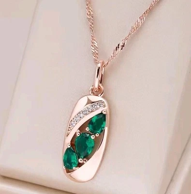 Schöne Halskette mit Anhänger 585er Rolled Roségold Walzgold mit grünen Zirkonia - Bild 1 von 4