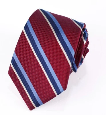 Tom James Mens Repp Tie Burgundy Blue Diagonal Stripes Silk Tie 59" x 3” - Image 1 of 4
