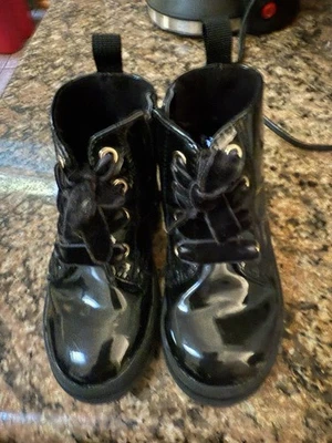 Toddler Or Baby Boots Size 7 Black Patent Leather Lace Up - Image 1 of 4