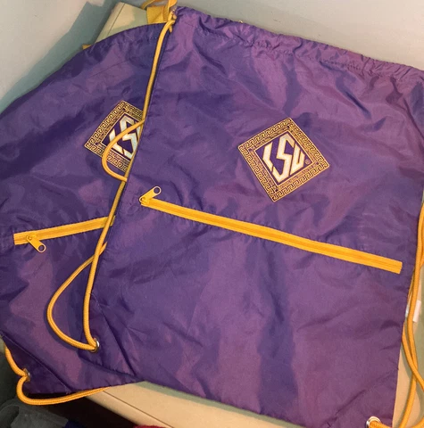 2 LSU College Drawstring backpacks Cinch Bag Purple and Yellow Louisiana State Cover