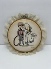 Vintage MCM Cross Stitch The Kiss Wall Art Girl Kissing Boy Completed Decoration