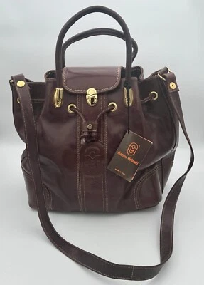 Bolso Cartera Marino Orlandi Marrón Cuero Genuino Estilo Cubo Cincha Cordón Foto 1 de 4