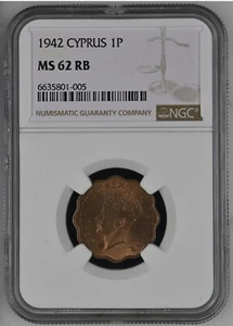 Cyprus British Administration 1942 1 Piastre, NGC MS62RB - Picture 1 of 2