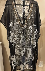 India Boutique -Sz S M L XL Beaded Kaftan Poncho Coverup Top Sheer One Size - Picture 1 of 8