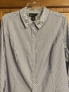 Lane Bryant Womens Tunic Blouse Size 20 Long Sleeve Blue Striped Gem Collar - Picture 1 of 8