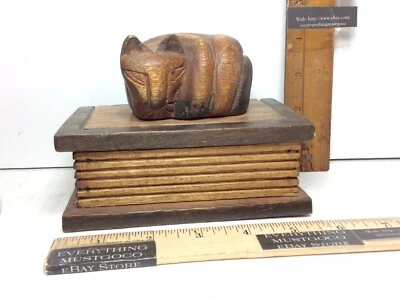 HANDMADE Carved Wooden Box THAILAND Sleeping Kitty Cat Kitten Hinged Lid Jewelry - Image 1 of 4