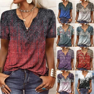 Women V Neck Button Boho Floral T-Shirt Tops Short Sleeve Casual Loose Blouse US - Picture 1 of 20