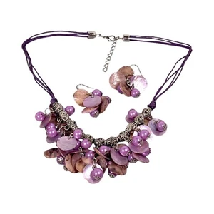 Boho Gypsy Jewelry Set Necklace Earrings Purple MOP Cluster Dangle Cord Coin - Picture 1 of 19