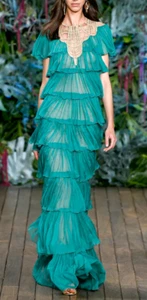 Alberta Ferretti Runway Embroidered Gold Green Long Maxi Gown Dress US 4 / IT 40 - Picture 1 of 5
