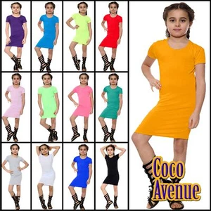 Girls Kids Plain Bodycon Mini Dress Short Sleeve Round Neck Stretch Casual Tunic - Picture 1 of 53