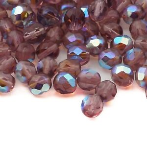 Lot (70) Czech vintage vitrail rainbow purple faceted glass beads 7mm