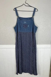 Vintage 90s Floral Maxi Dress XL Overall Denim Rayon Cottage Y2K Indie Hipster - Picture 1 of 12