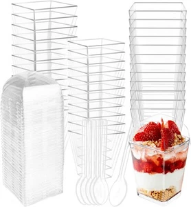 50 Count 5OZ Dessert Cups with Lids and Spoons Square Plastic Mini, Clear - Picture 1 of 6