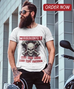 Warning Skull Crossbone Graphic Tee Casual Funny T-Shirt Anti-Social Size S-5XL - Picture 1 of 122