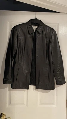 Chaqueta Alfani Vintage Para Mujer Cuero Genuino Negra Cremallera Completa Bolsillo Forrado XS Foto 1 de 4
