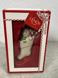 Lenox Christmas Tree Ornament Peeking Penguin In Stocking Porcelain Gold - Foto 1 di 3