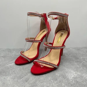 Liliana Red Slingback Strappy Pump High Heels Size 9 Suede Rhinestones Open Toe - Picture 1 of 15