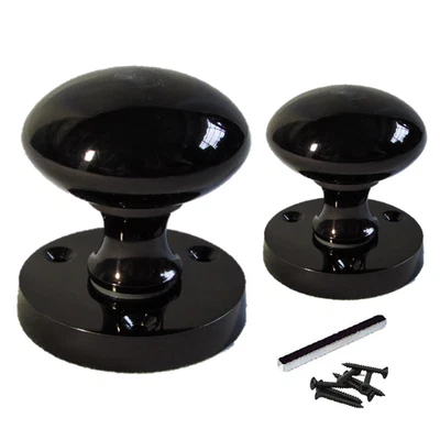 Mortice Sprung Door Knobs Round Victorian Knob Pair Set - Black Nickel 56mm - Image 1 of 4