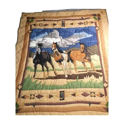 PATCH MAGIC 3 Horses Western Cotton Quilt Throw Wall Hanging 60x53 - Image 1 of 4