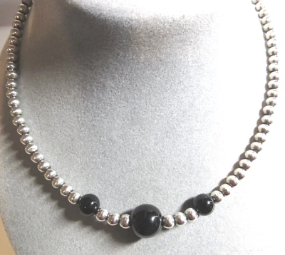 STERLING SILVER 20.5" Bead Beaded Toggle Clasp Black Onyx Necklace 40.6 Grams - Image 1 of 4