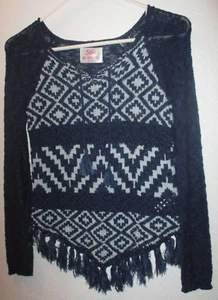 Girl's Justice Blue & White Tribal Patterned Sweater Fringe Hem Cotton Size 12 - Picture 1 of 5