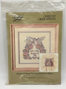 Vintage Something Special Leinen Kreuzstich Taube & Rosen Hochzeitsbild oder Kissen - Bild 1 von 4