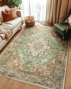Area Rugs 5'X7' Washable Non-Slip, Floral Vintage Style Distress Pattern Medalli - Picture 1 of 12