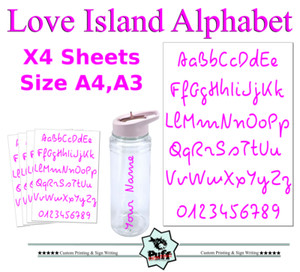 Love Island Alphabet Stickers Craft Wall Art  A-Z 0-9 X4Sheets Home A4 & A3.   