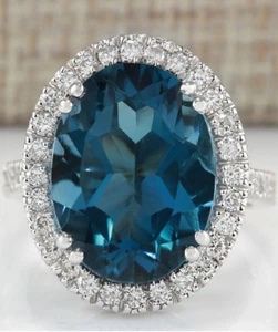 10.37 Ct Natural LONDON BLUE TOPAZ 0.8 Ct of Diamonds 18K WG Ring Sz 6.75 - Picture 1 of 6