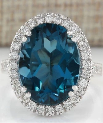 10.37 Ct Natural LONDON BLUE TOPAZ 0.8 Ct of Diamonds 18K WG Ring Sz 6.75 - Image 1 of 4