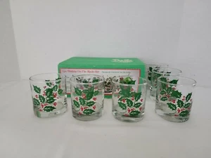 6 NEW VINTAGE INDIANA GLASS HOLLY & BERRIES CHRISTMAS ON THE ROCKS GLASSES SET - Picture 1 of 9
