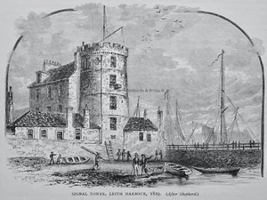 Edinburgh LEITH HARBOUR SIGNAL TOWER c1829 Original Victorian Print c1881 - Bild 1 von 2