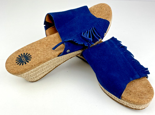 Sandali UGG zeppa espadrillas blu danesi 1014957 scamosciati taglia US 8 frange juta usati in ottime condizioni