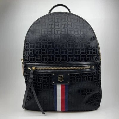 Tommy Hilfiger TH Monogram Dome Backpack Black Fabric Signature Logo Stripe - Image 1 of 4