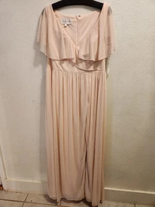Azazie Bridesmaid Dress Womens Medium Blush Pink Off Shoulder Ruffle Maxi Gown - Picture 1 of 13