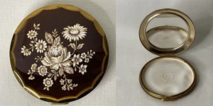 Vintage 7,5 cm Messing Make Up kompakt mit weißem Blumenmuster zum Deckel - Bild 1 von 12