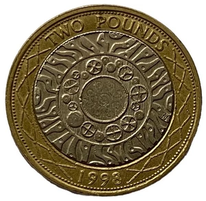 Reino Unido 1998 £2 dos libras desplazadas núcleo interno error + inscripción borde inverso *HIGGS - Imagen 1 de 12