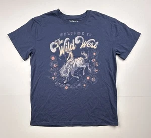 T-shirt lux moderna donna grande blu manica corta cowboy fiori selvaggio west - Foto 1 di 5
