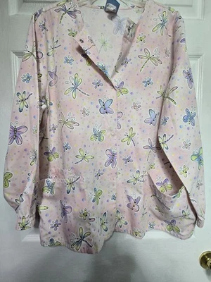 Scrub HQ Scrub Top Size M-VIBRANT Pink/Pastel Dragonflies-Chest 24" L 27" - Image 1 of 4