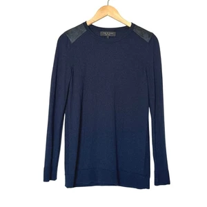 Rag & Bone New York Mens Sweater Navy / Black Wool Lamb Leather Shoulders Size S - Picture 1 of 7