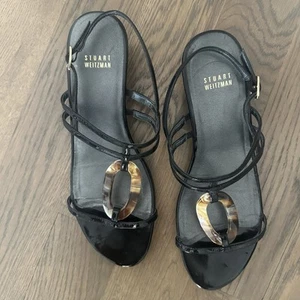 Stuart Weitzman Patent Leather Strappy Wedge Sandal Black with Tortoise Size 9 M - Picture 1 of 8